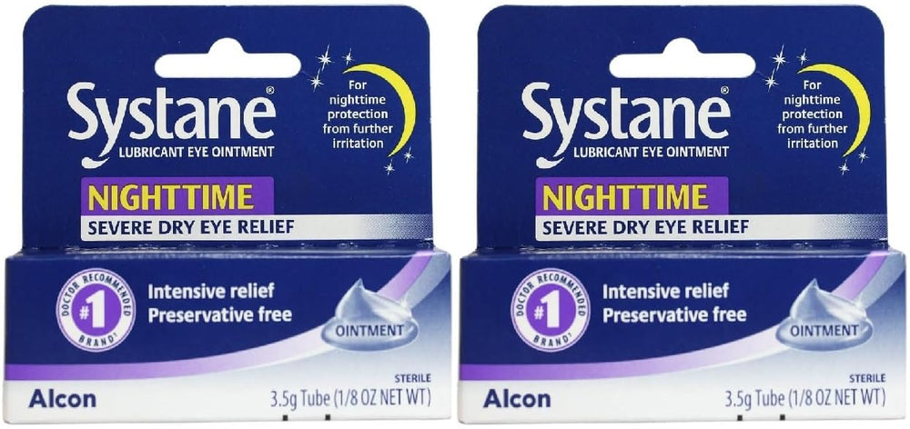 Systane Nighttime Ointment tube in a two-pack for overnight moisture protection