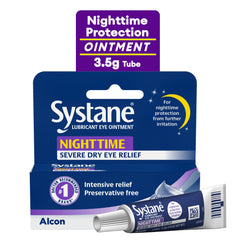 Systane Nighttime ointment tube ready for bedside use forms protective barrier overnight