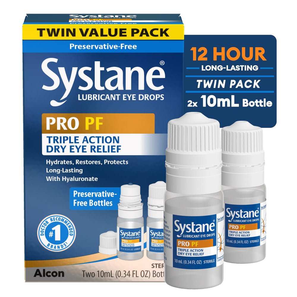 Systane Pro PF bottle with dropper ready for on-the-go eye lubrication.