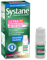 Systane Ultra PF eye drops bottle highlighting preservative-free formula for dry eye relief