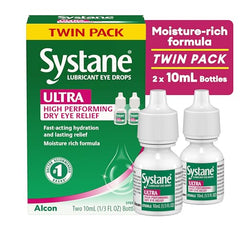 Systane Ultra twin-pack front view shows convenient packaging for daily use.