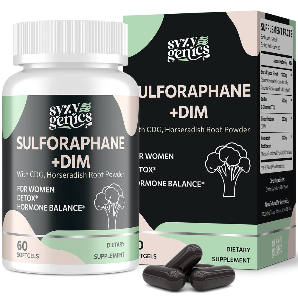 SYZY GENICS sulforaphane softgels bottle for daily wellness and antioxidant support.
