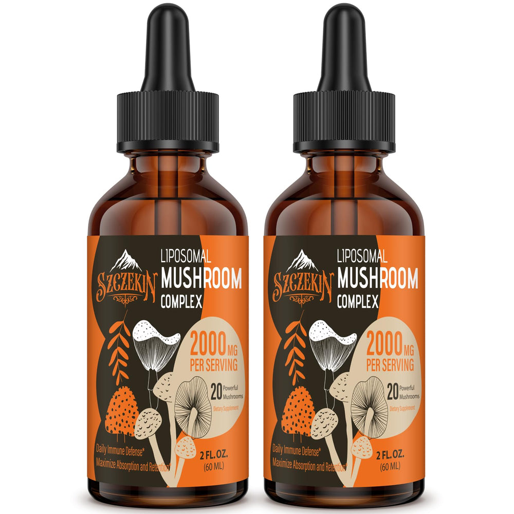 Szczekin Liposomal Mushroom Drops bottle on white background, signaling premium immune support.