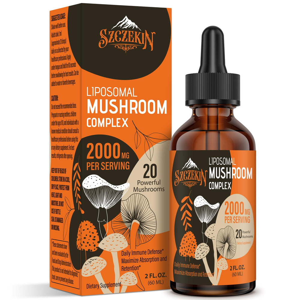 SZCZEKIN Liposomal Mushroom Drops bottle with droplets highlighting immune support.