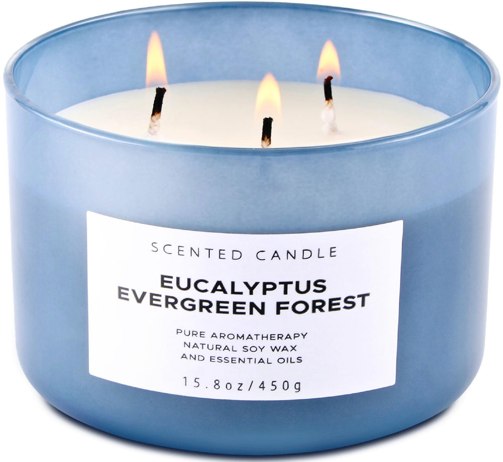 T&H Eucalyptus Evergreen Forest 3-wick candle in a jar with a clean, long-lasting burn.