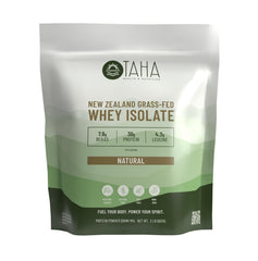 Taha Health and Nutrition whey protein isolate tub for post-workout shakes.