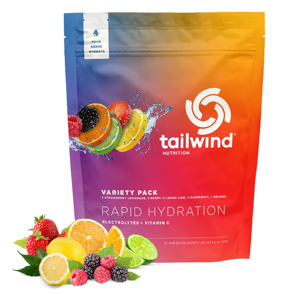 Tailwind Rapid Hydration orange sachet for on-the-go electrolyte replenishment during workouts.