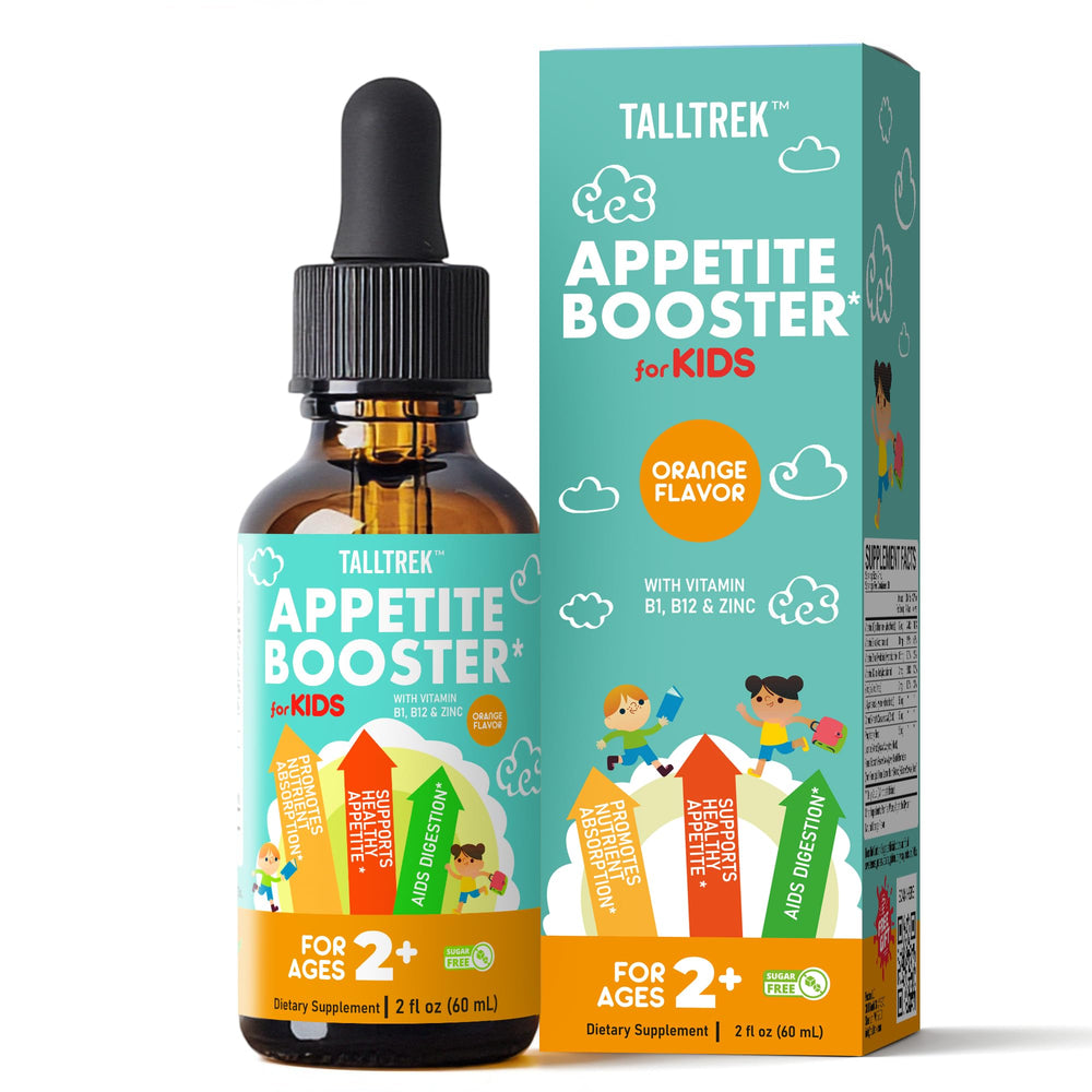 TallTrek Appetite Booster for Kids bottle with orange flavor supports daily nutrient intake.