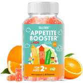 TallTrek Appetite Booster Kids Gummies in orange bottle supporting healthy eating habits.