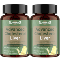 Talyvoriathor Advanced Cholesterol bottle shows the triple-action formula for daily support.