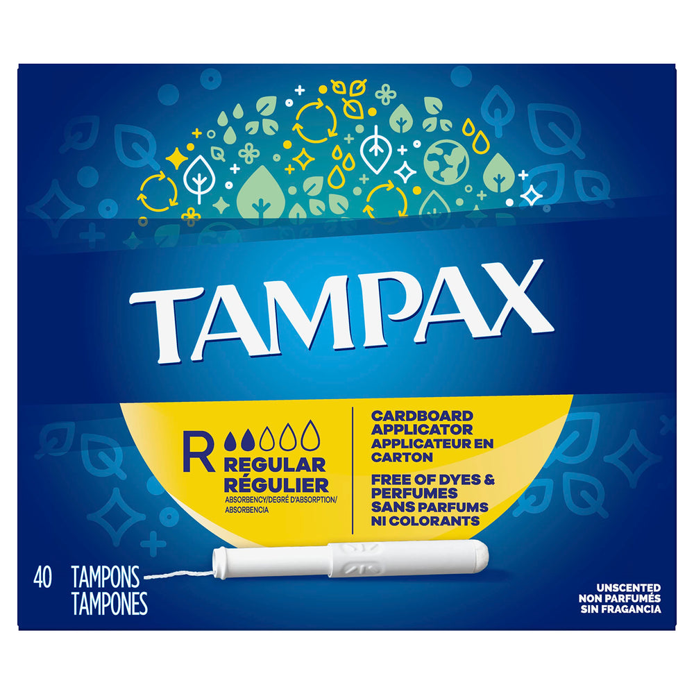 Tampax regular tampons with cardboard applicator for easy insertion and protection.