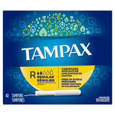 Tampax regular tampons with cardboard applicator for easy insertion and protection.
