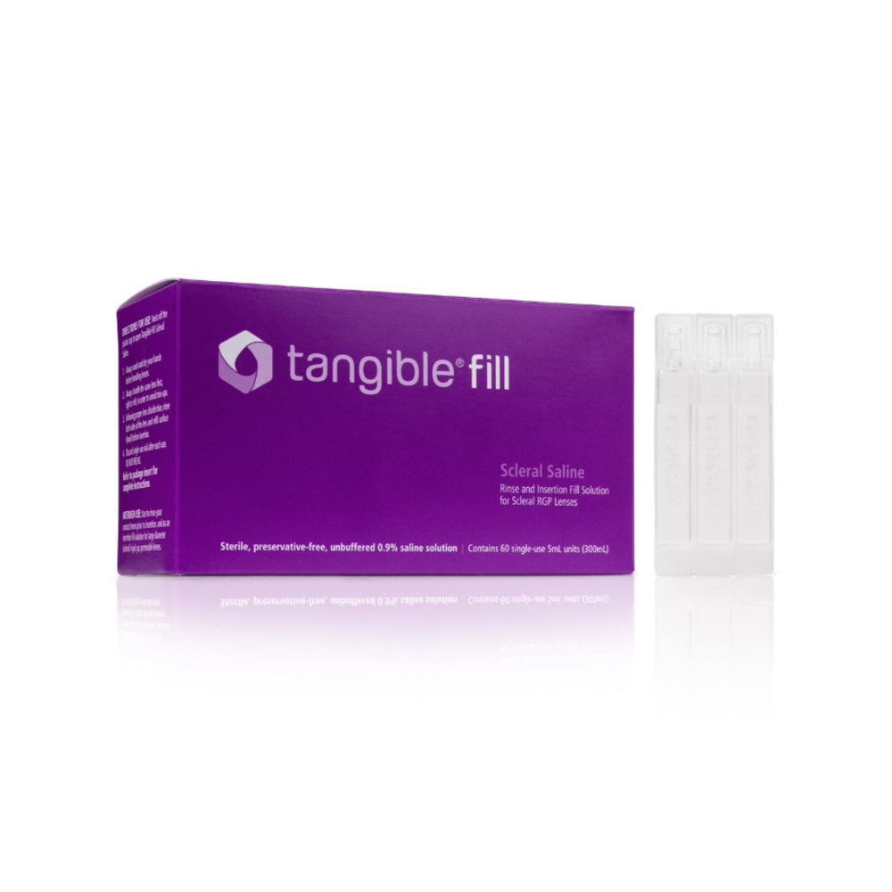 Tangible Fill box with 60 saline vials for convenient scleral lens care.