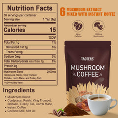 TAOTERS Adaptogenic Mushroom Coffee bag label highlighting the six-mushroom blend.