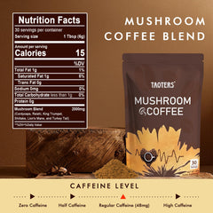 TAOTERS Mushroom Coffee cup with creamy foam, ideal for a focused morning.