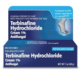 TARO Terbinafine 1% cream tube cap for easy foot relief.