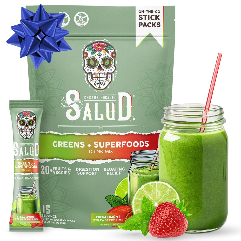 Taste Salud greens stick-pack for on-the-go digestion support.