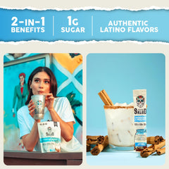 Taste Salud horchata drink mix stirred in glass for refreshing flavor.
