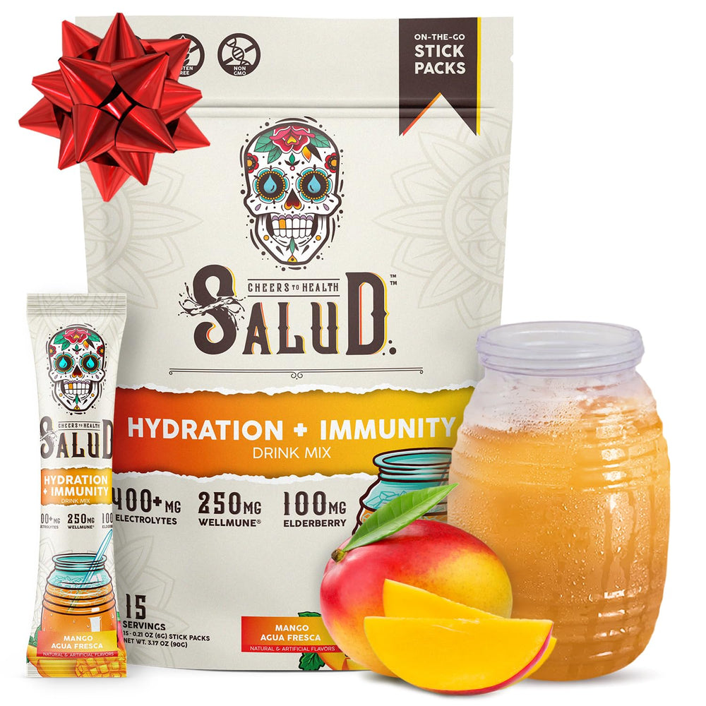 Taste Salud hydration mango packets pour into water for a refreshing on-the-go drink.