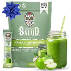Taste Salud 2-in-1 greens packets with green apple flavor for on-the-go nourishment