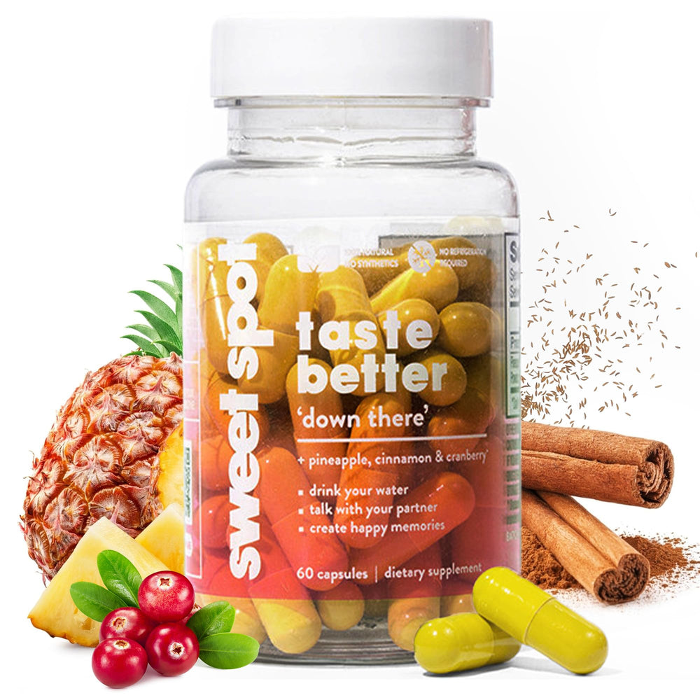 Taste The Sweet Spot bottle of pineapple and cranberry capsules for daily feminine balance.