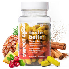 Taste The Sweet Spot bottle of pineapple and cranberry capsules for daily feminine balance.