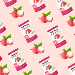 Tastelli Konjac Jelly Lychee glossy pouch; convenient ready-to-drink snack.