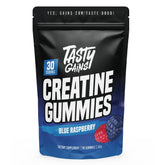TASTY GAINS Creatine Gummies blue raspberry bottle for convenient training support.
