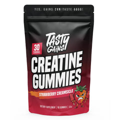 TASTY GAINS Creatine Gummies bottle offers convenient, on-the-go muscle support.