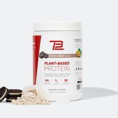 TB12 plant-based protein powder cookies and cream tub front for quick meal replacement