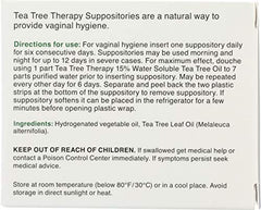 Tea Tree Therapy suppositories packaging close-up, highlighting natural ingredients.