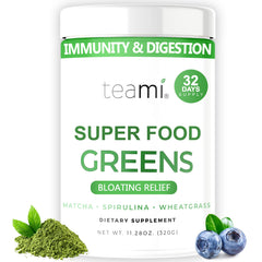 Teami Organic Super Greens bottle close-up highlights premium ingredients for daily energy