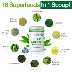 Teami Organic Super Greens powder mixed with water for a quick greens sip
