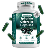 Teaveli bottle front view showing vegan spirulina-chlorella capsules for daily wellness.