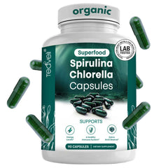 Teaveli bottle front view showing vegan spirulina-chlorella capsules for daily wellness.