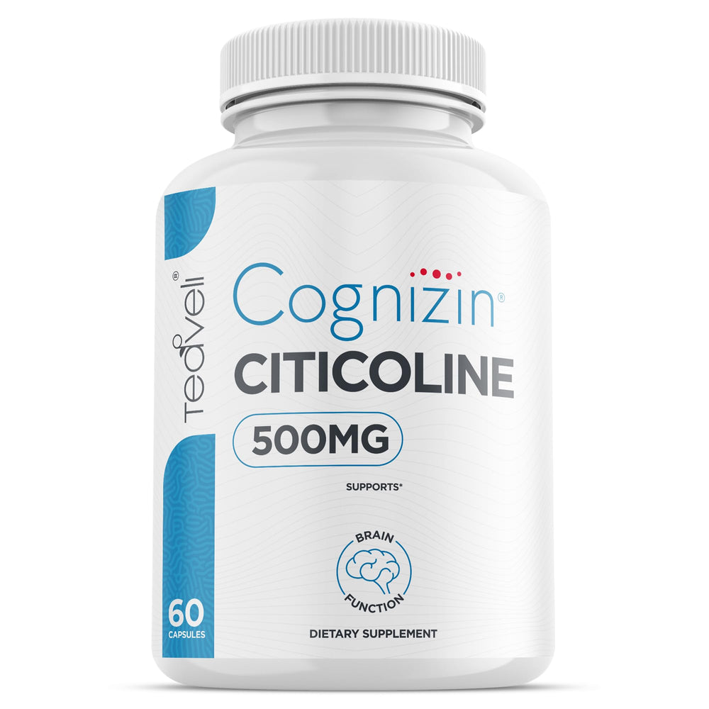 Teaveli Cognizin bottle front offering a clear view of 60 capsules for daily focus support.