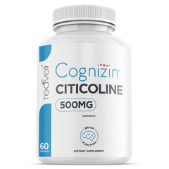Teaveli Cognizin bottle front offering a clear view of 60 capsules for daily focus support.
