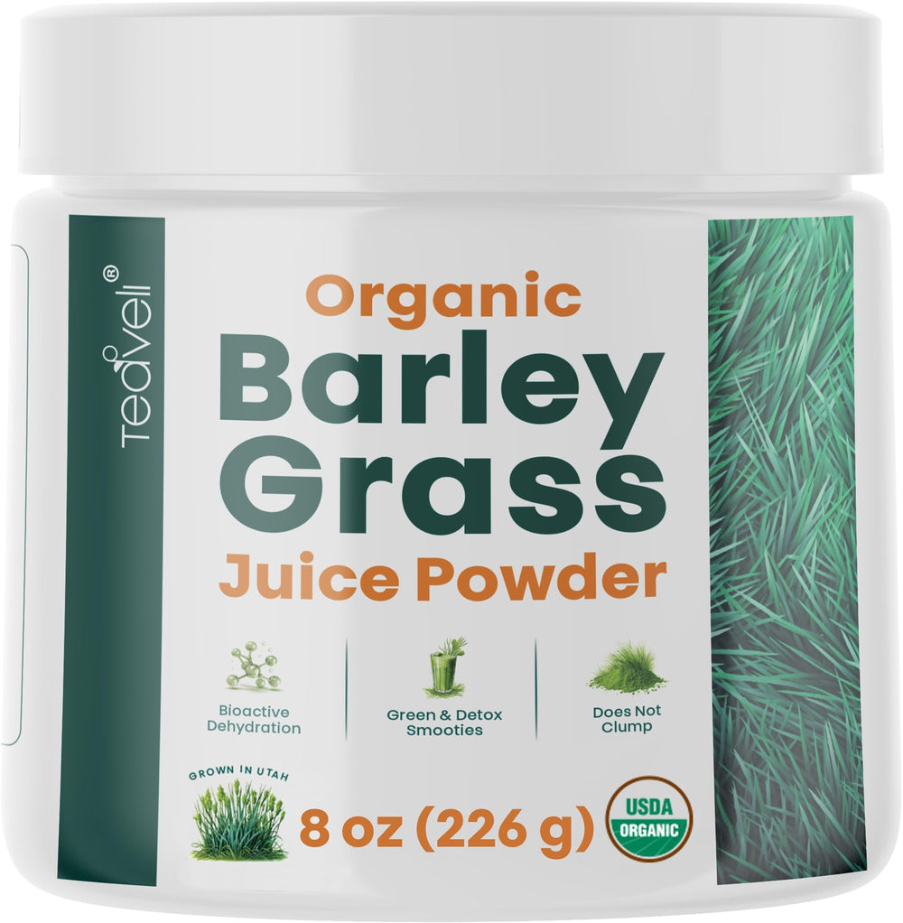 Teaveli barley grass juice powder bottle with gluten-free greens for daily energy.