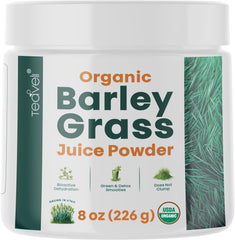 Teaveli barley grass juice powder bottle with gluten-free greens for daily energy.