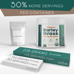 Teaveli label close-up highlighting 100% pure barley grass powder.