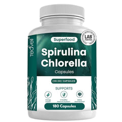 Teaveli organic spirulina and chlorella capsules bottle emphasizes clean, high-dose greens for daily energy.