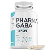 Teaveli Pharma GABA 250 mg bottle close-up for relaxation support.