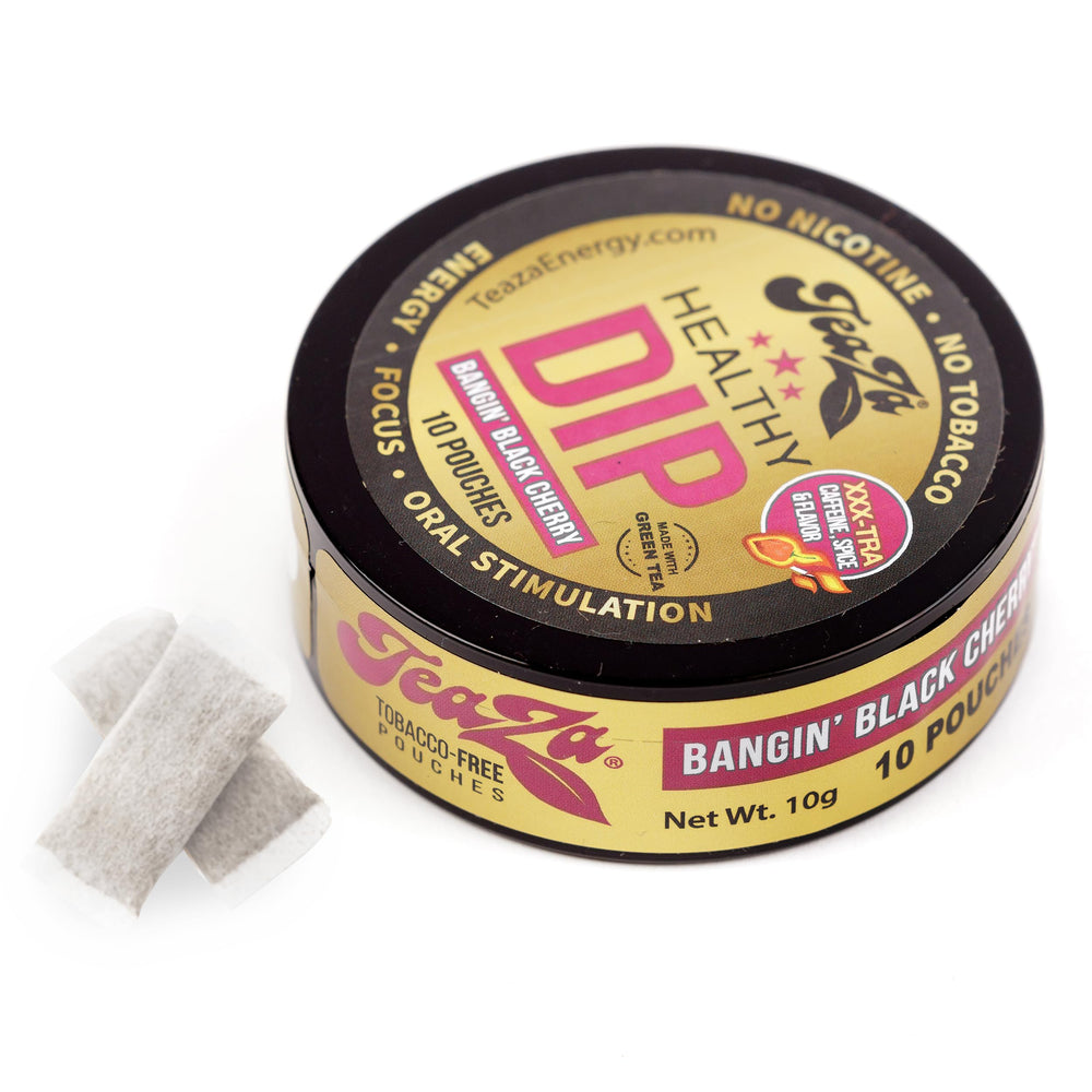 TeaZa Bangin' Black Cherry energy pouches pack shot highlighting long-lasting flavor.