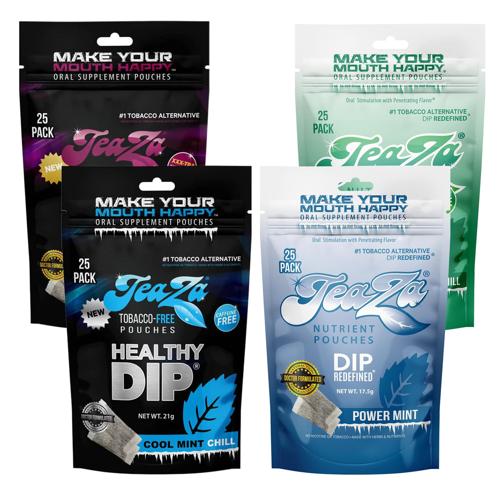 TeaZa Herbal Energy Pouch Power Mint pack on shelf, delivering clean energy for focused moments.