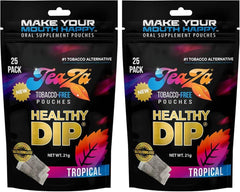 TeaZa Tropical Energy Pouches pack in hand, nicotine-free dip alternative.
