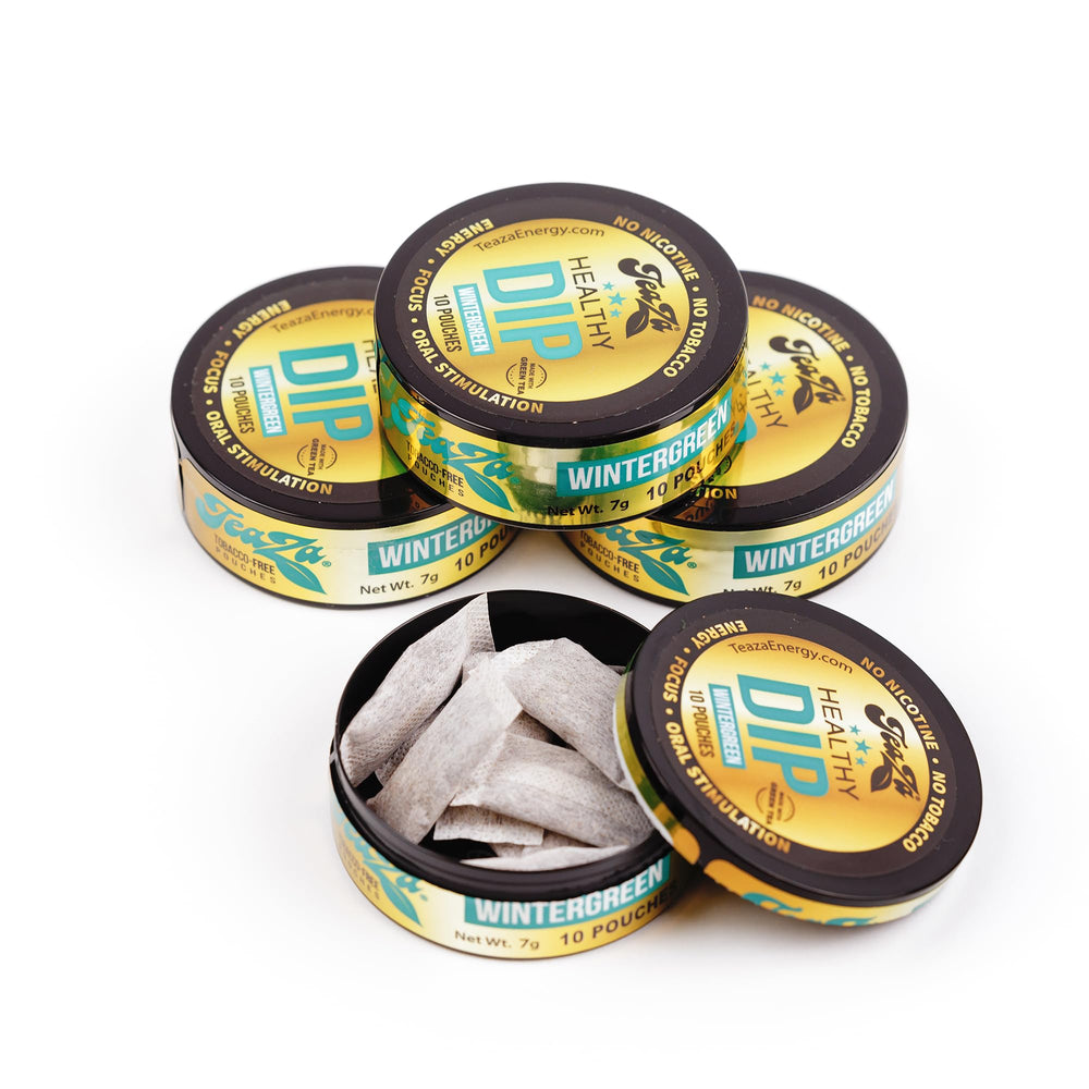 TeaZa Wintergreen energy pouches pack front highlighting nicotine-free convenience.