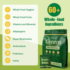 Close-up of Tecepec Greens Daily Gummies showing chewy texture and fresh flavor.