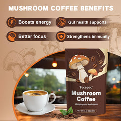 Tecepec Mushroom Coffee ingredients array emphasizing adaptogens.