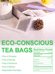 TeeLux decaf green tea bags being poured into a cup for hot tea.
