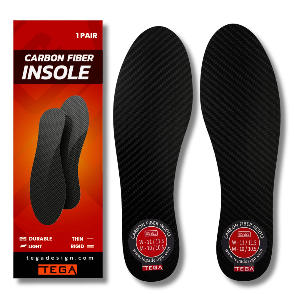TEGA carbon fiber insole pair on foot provides stable support for sports